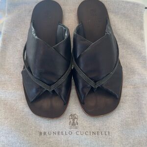 Brunello Cucinelli Monili Embellished Crossover Strap Leather Slides 36